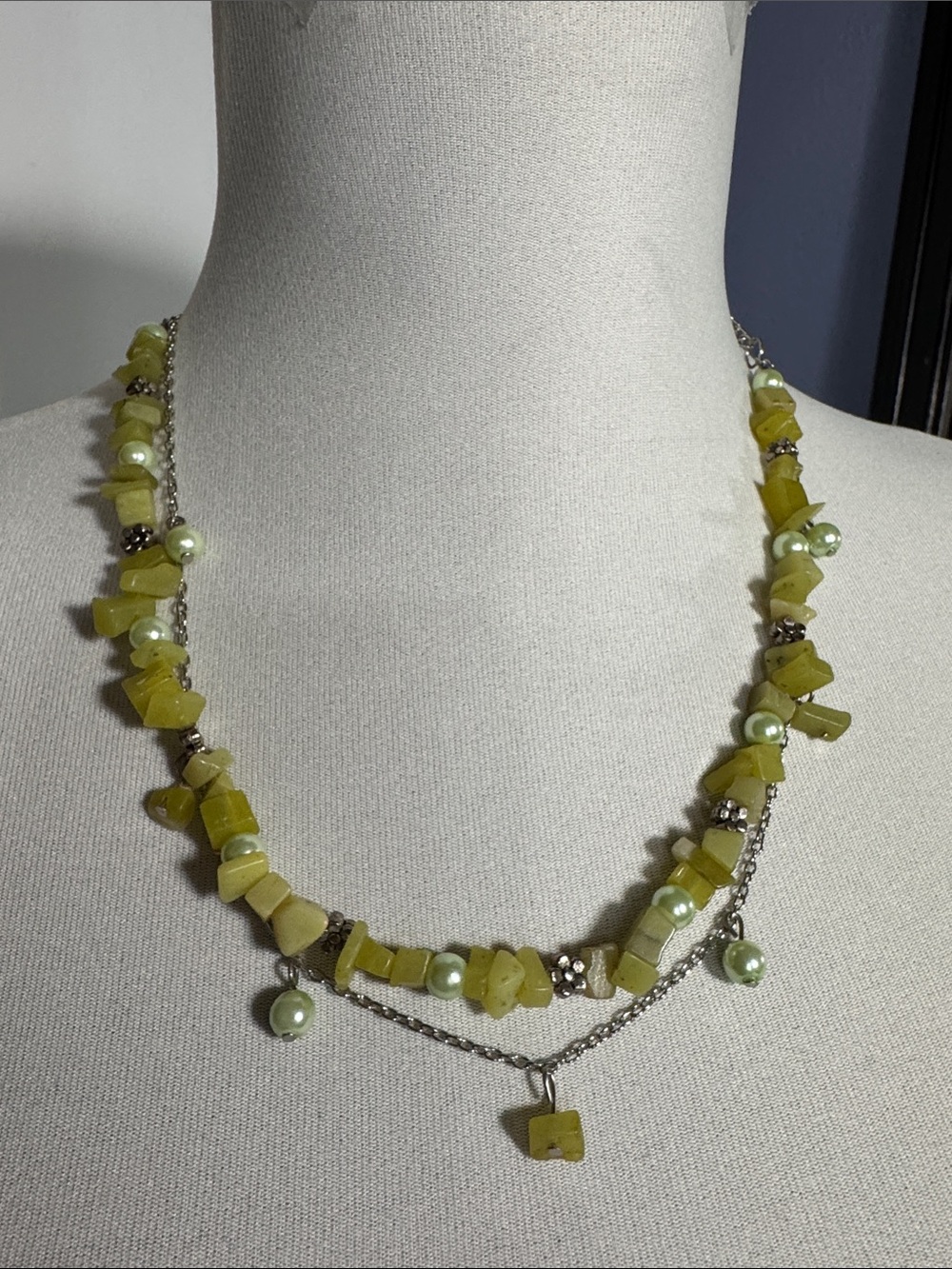 Green Stone and Pearl Layered Necklace